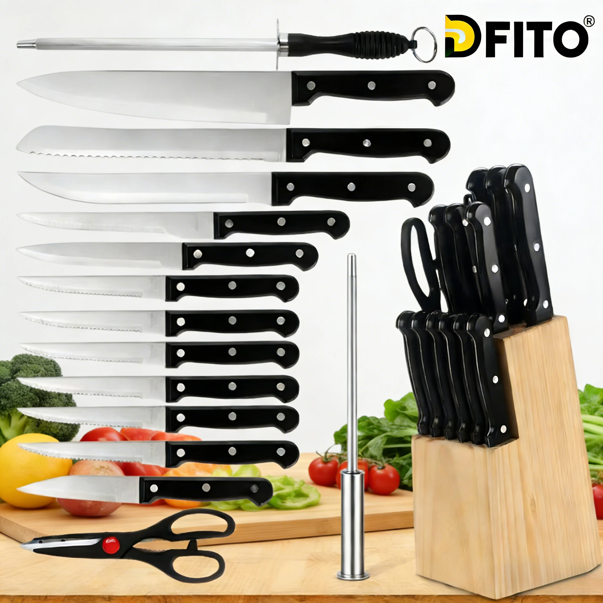 DFITO 15-teiliges Küchenmesser-Set aus 2CR13 Edelstahl mit Halter, Mehrzweck-Schneidemesser, Sashimi- und Obstmesser mit Rutschfestem PP-Griff Image