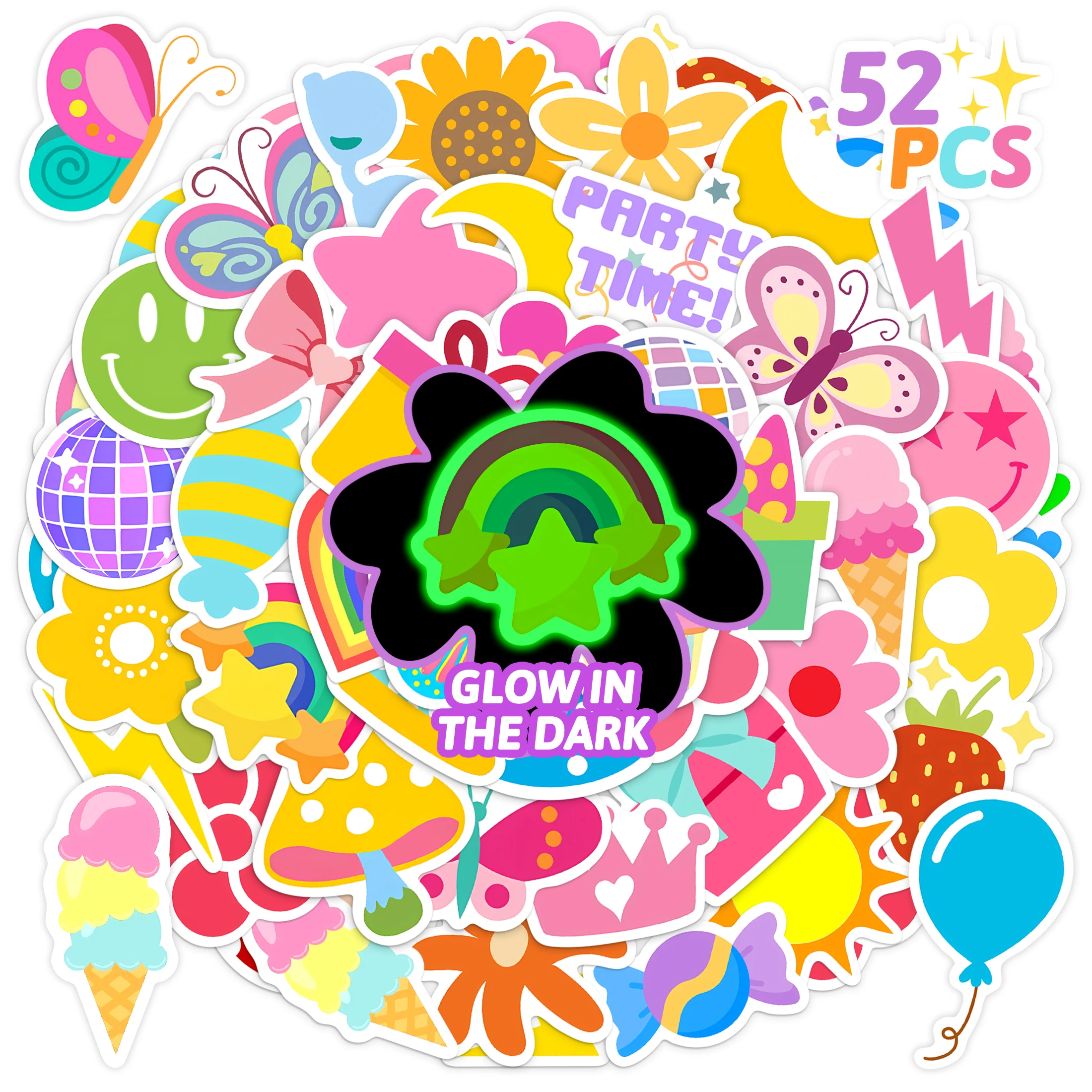 50 Stück im Dunkeln leuchtende niedliche Regenbogen-Süßigkeiten-Aufkleber, selbstklebende, wasserdichte, leuchtende Aufkleber für Skateboard-Flaschen, Kinderdekoration Image