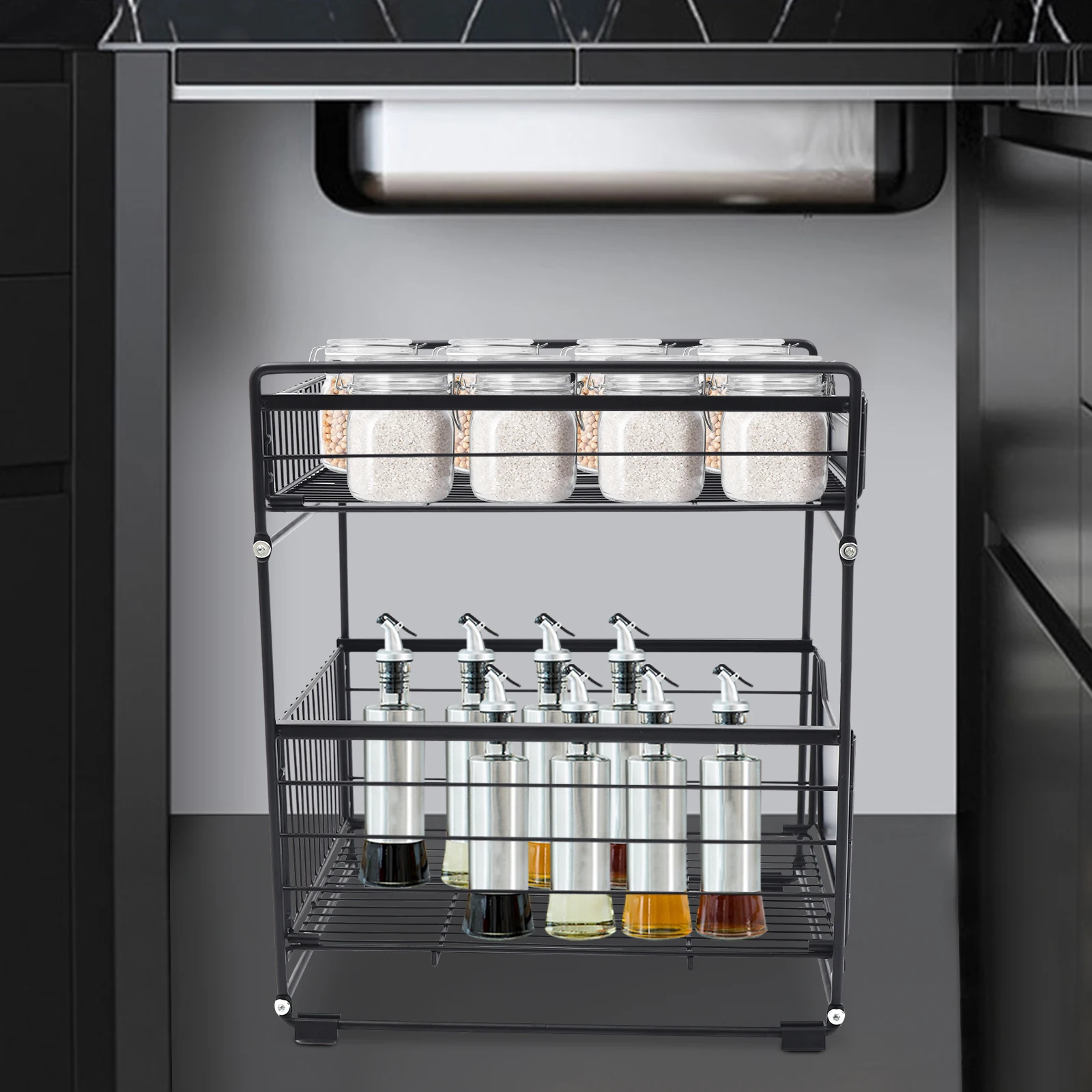 2-stufiger Unterschrank-Organizer mit Schubladenfach, Küchenarbeitsplatten-Organisationsregal, Aufbewahrungsregal für Zuhause, 37,4*28,2*44cm