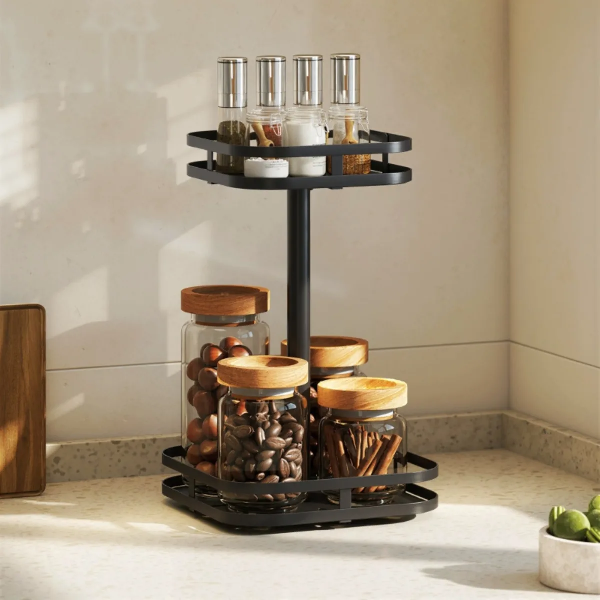 2-stöckiges Drehbares Gewürzregal | Saugnäpfe, Metall, Schwarz Image
