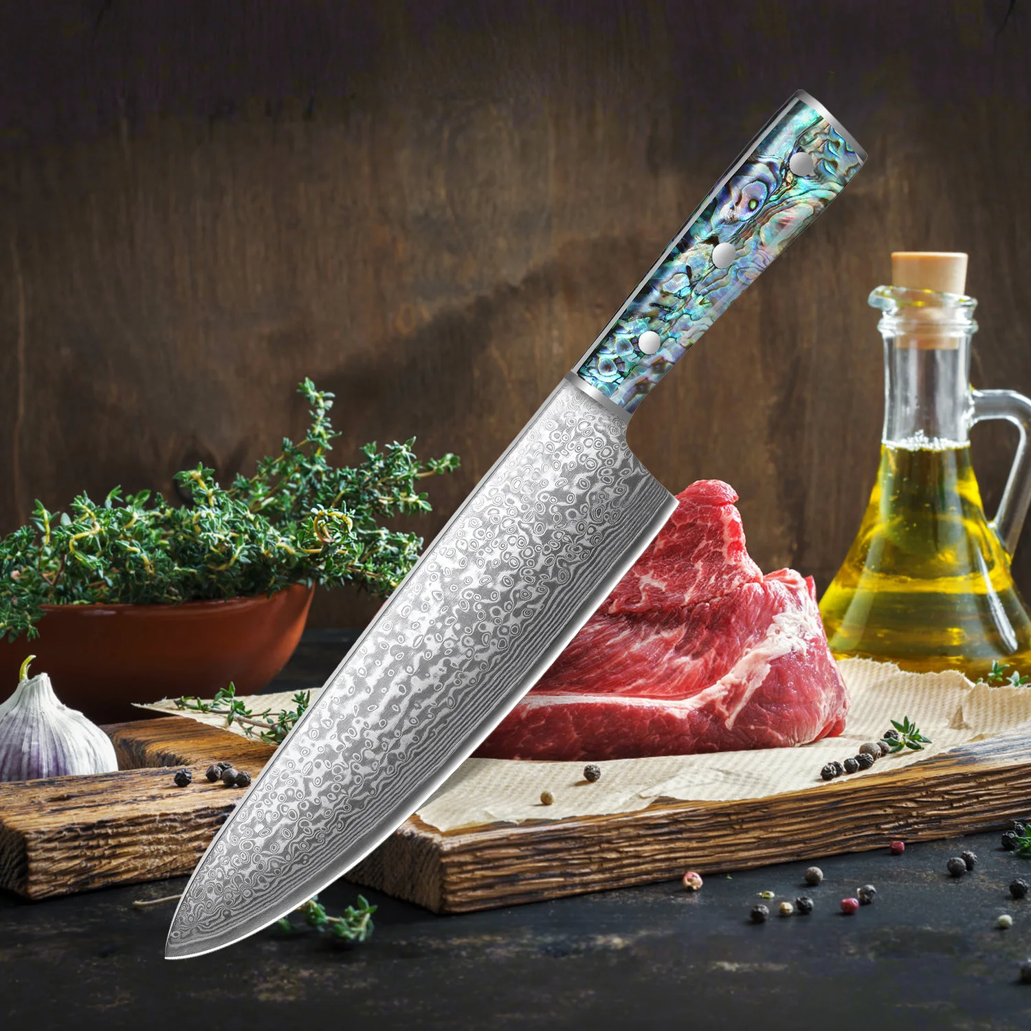 SAEIV Japanisches Damaszener Kochmesser VG10 Stahlkern 60HRC Härte Abalone-Schalen-Griff Mehrzweck-Backmesser Image