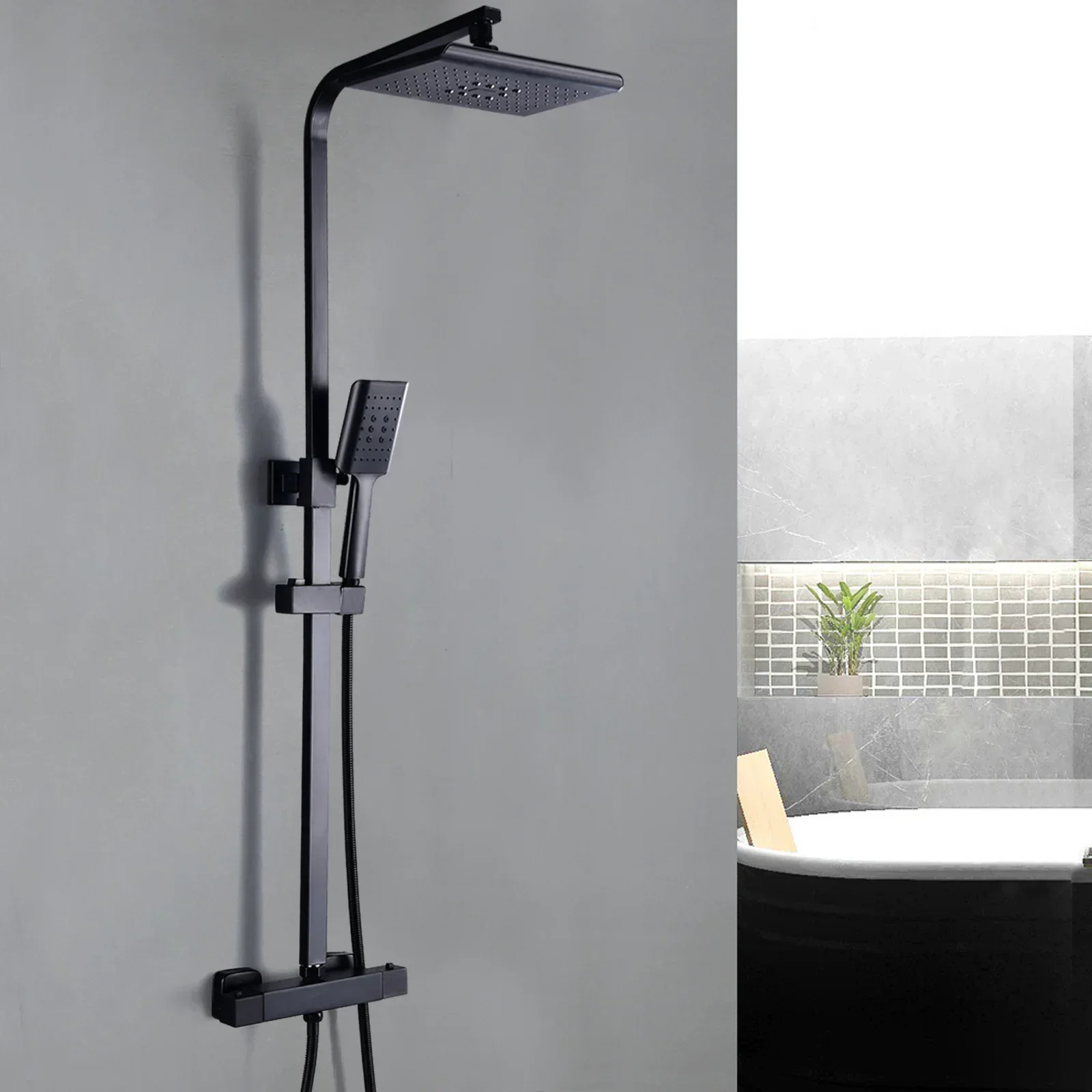 Schwarzes Duschsystem mit Thermostat, Duscharmatur aus Edelstahl, Regendusche, Handbrause, Chrom-Duschstangen-Set