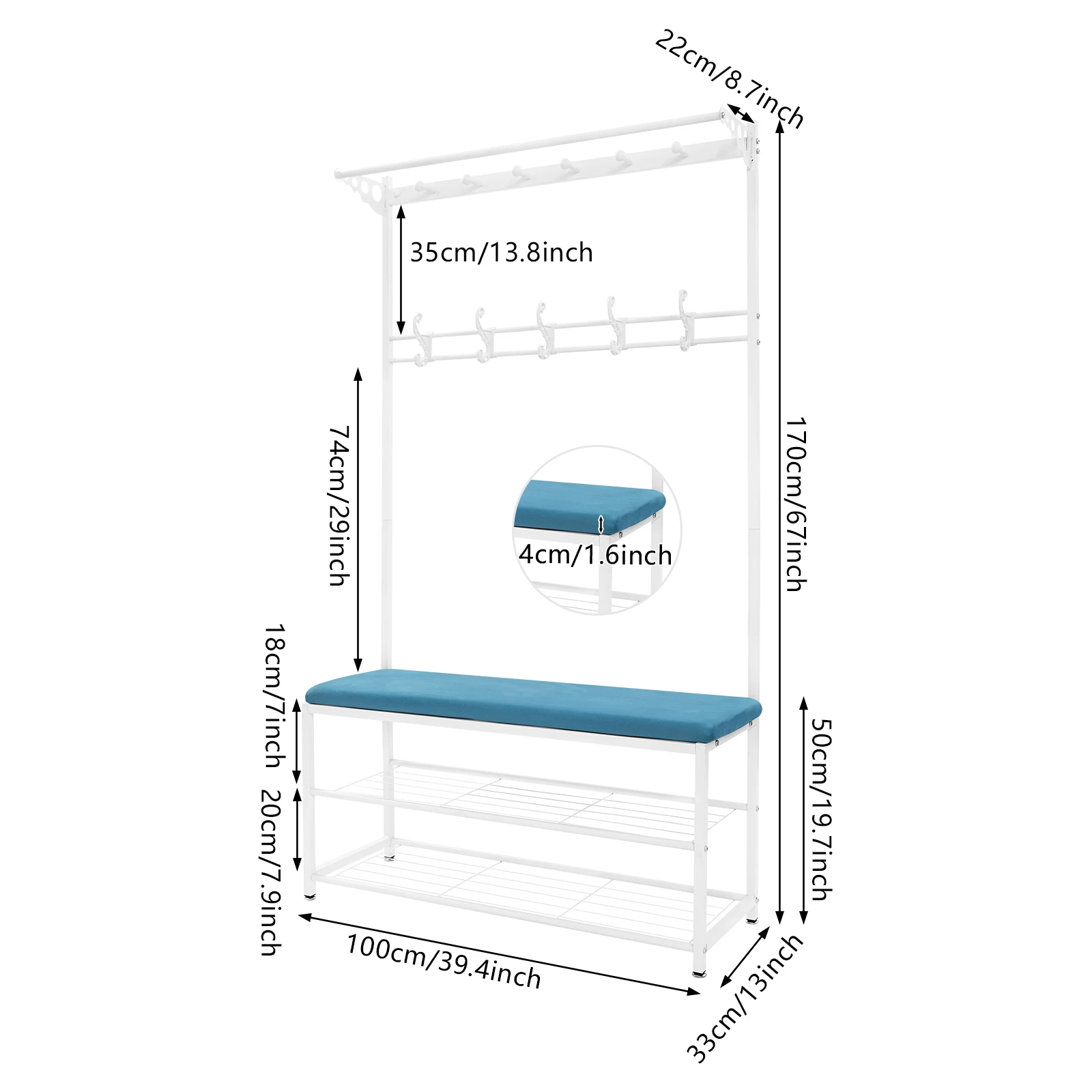 Multifunktionaler Garderobenständer mit Schuhbank (100cm), 11 Haken, Weißer Rahmen+Blau Kissen, 2-stufiges Regal & Bügelhaken für Zuhause