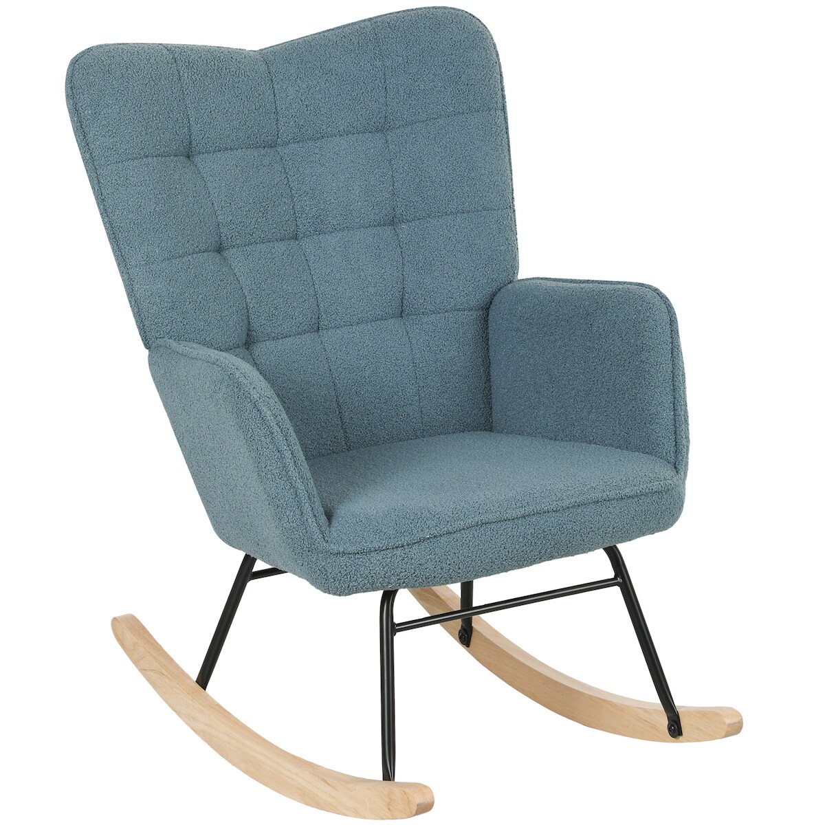 OKWISH Schaukelstuhl Relaxsessel 98x71x101 cm mit Armlehnen und hoher Rückenlehne, Berbervliesoptik Polster, Stahlrahmen, Hellblau Image