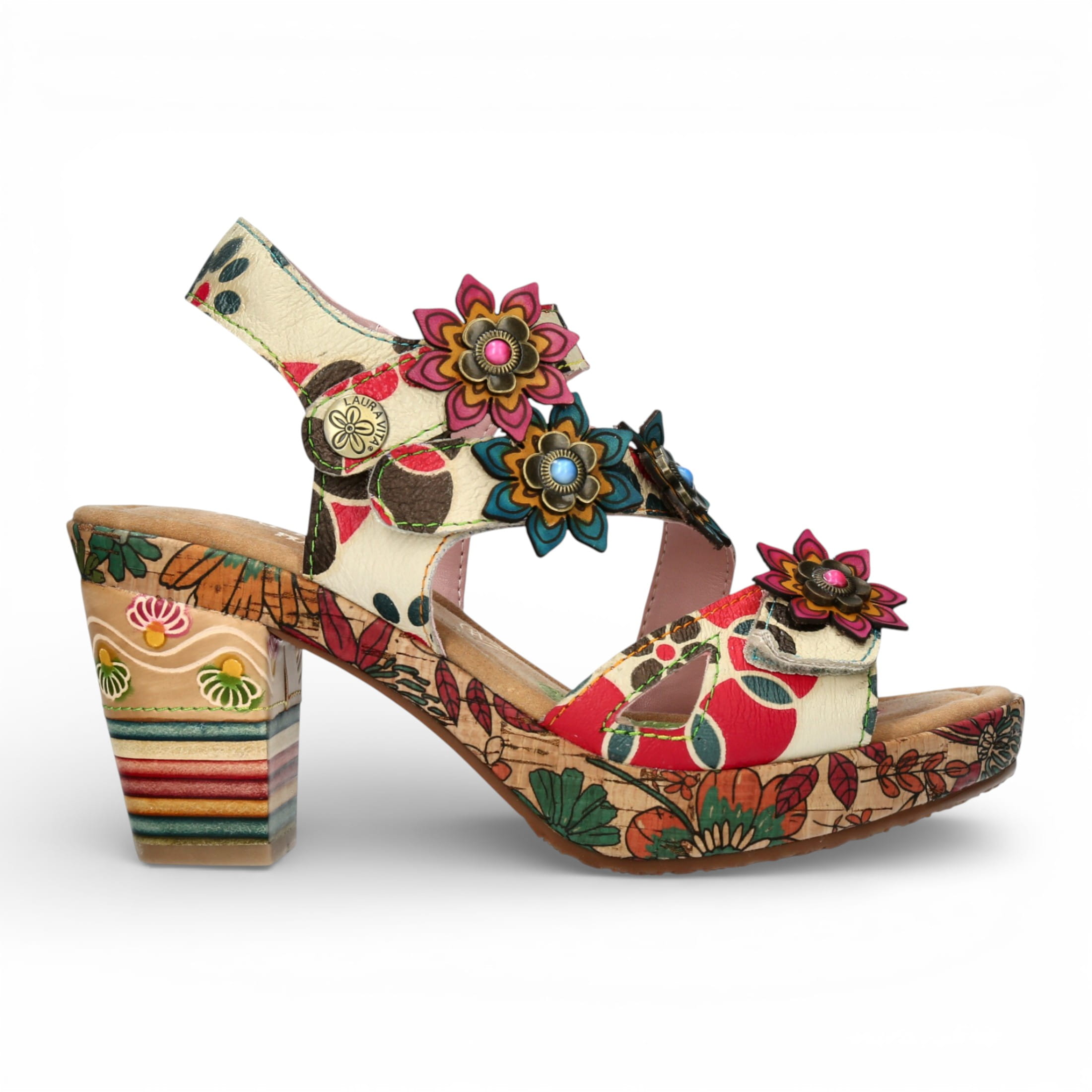 Laura Vita Damen-Espadrilles Nellao 33 aus beigefarbenem Leder mit Blumenmuster und Keilabsatz