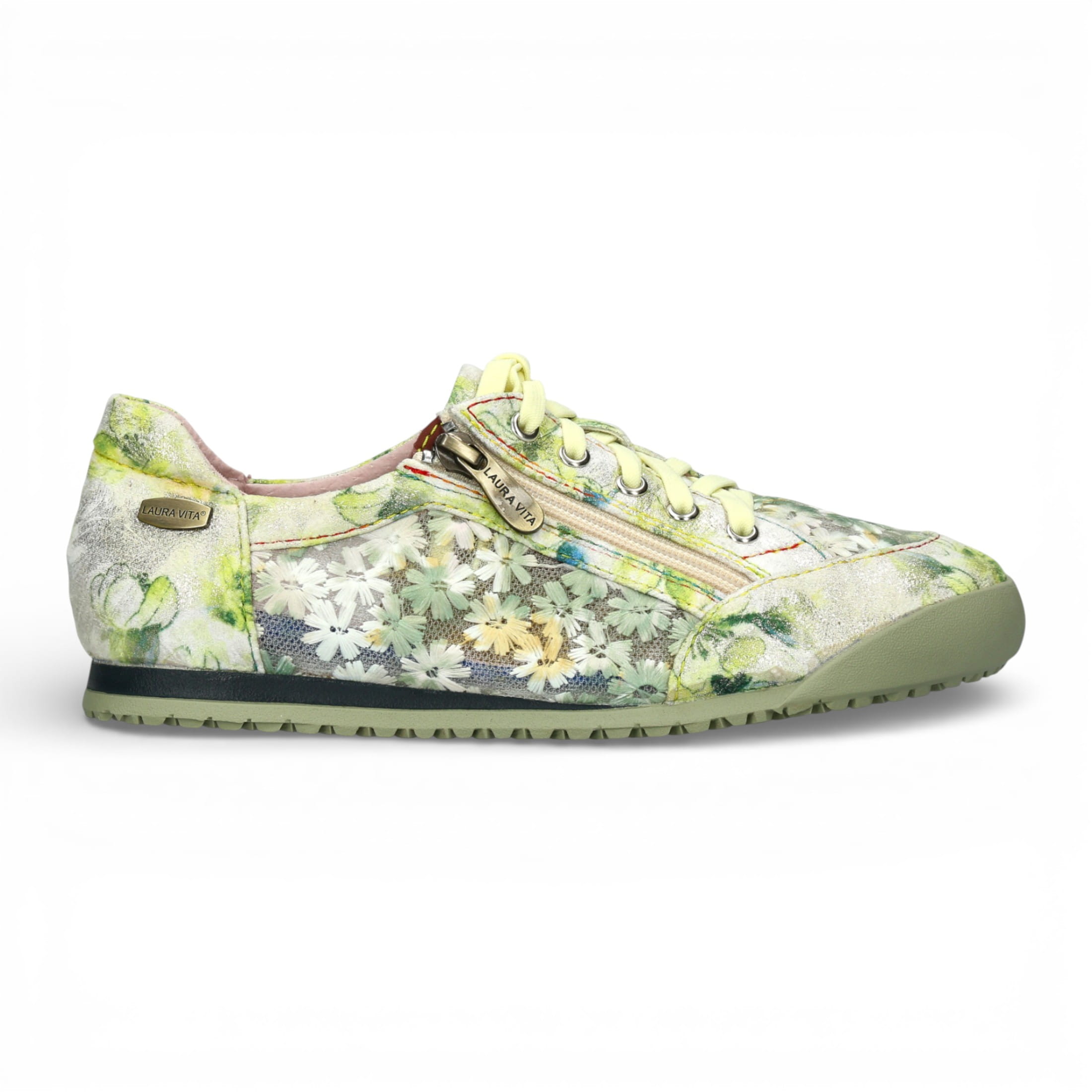 Laura Vita Damen-Sneaker Tivanao-05, gelb mit Blumenmuster, aus Leder, mit Reißverschluss