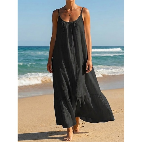 Damen Midikleid Kleider in Leinenoptik Shiftkleid Sommerkleid Unterkleid Mode Modern Täglich Outdoor Urlaub Lässiger Schnitt Einfach Ärmellos Träger Schwarz Weiß Purpur Leicht Blau Sommer Frühling Image
