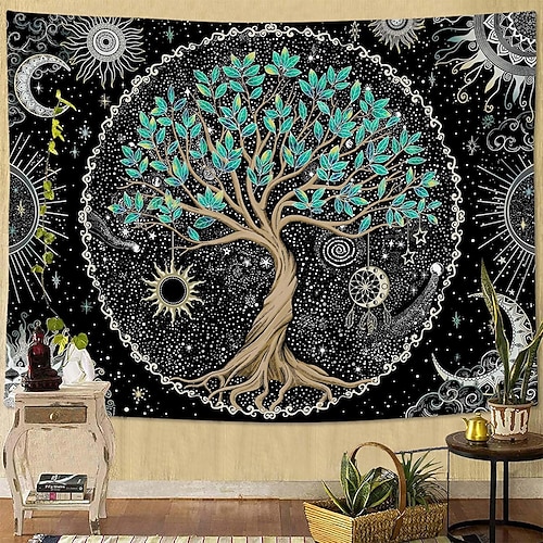 Lebensbaum-Mandala-Wandteppich mit Sonne, Mond, Sternen, Galaxie, Traumfänger, Boho-Stil, Hippie-Look, psychedelisch, Schwarz-Türkis, Schlafzimmer, Wohnzimmer, Studentenwohnheim, Meditation, Image