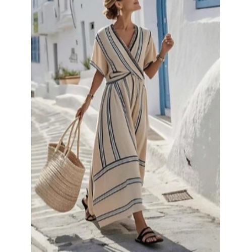 Maxikleid aus Baumwolle und Leinen, lässig, ideal für Sommer, Urlaub, Party, Freizeit, Büro, Strand, mit grafischem, geometrischem Muster, halblangen Ärmeln und V-Ausschnitt, in Blau, Schwarz, Weiß, Image