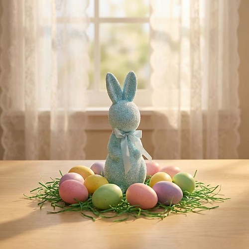 Osterkorb-Füllung: Stehender Osterhase, hochwertige Nachbildung mit glitzernder rosa Schleife, Dekoration für Haus, Garten oder Hof