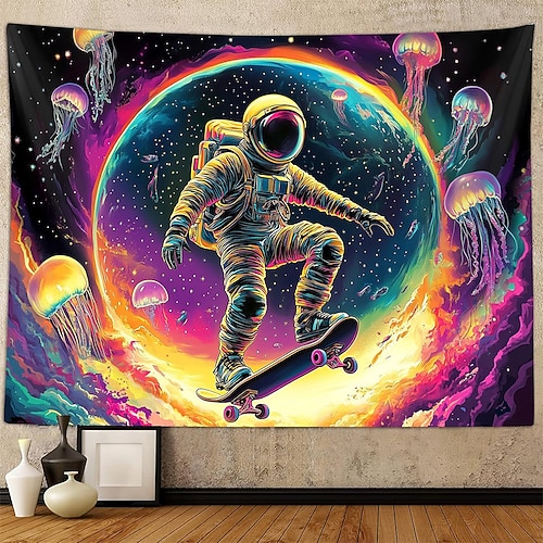 Psychedelischer Wandteppich mit Astronauten-Skateboarder-Weltraummotiv, Neonquallen, Galaxie, farbenfrohem Planeten, abgefahrener surrealer Kunst, Schlafzimmer, Spielzimmer, Studentenwohnheim-Dekor, Image