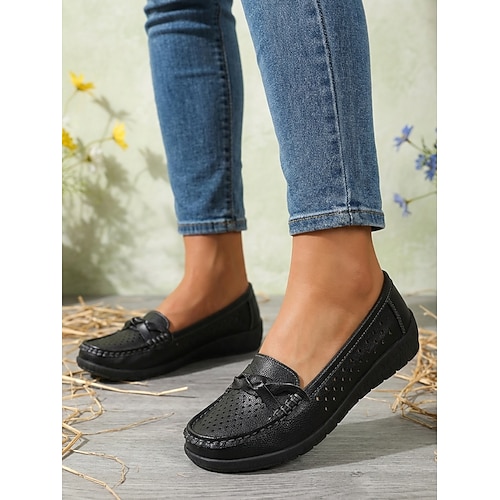 Perforierte Damen-Mokassins/Loafer – bequeme weiße Slipper mit geflochtenen Details für Alltag, Büro und Freizeit.