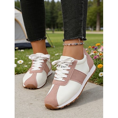 Leichte, modische Damen-Sneaker – schicke, pinkfarbene Low-Top-Schuhe mit Kontrastmuster für Damen, ideal für Sommerreisen, Spaziergänge und Freizeitoutfits. Image