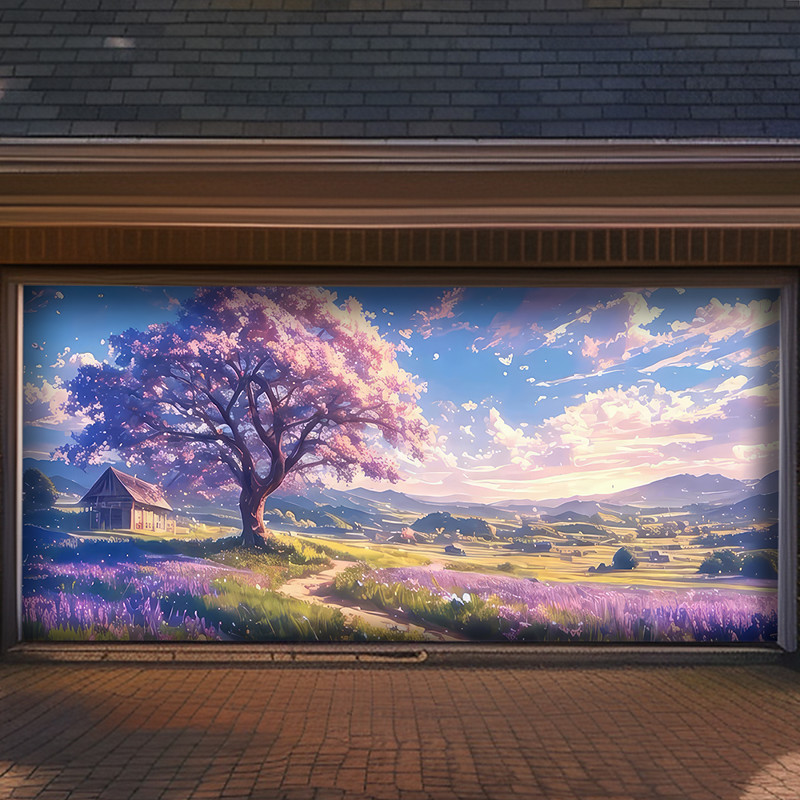 Japanese Zen Garden Spring Landscape Pink Cherry Blossom Sakura Trees Pavilion Arch Bridge Mountain Garage Door Banner Outdoor Mural Wall Decor Garden Party Backdrop