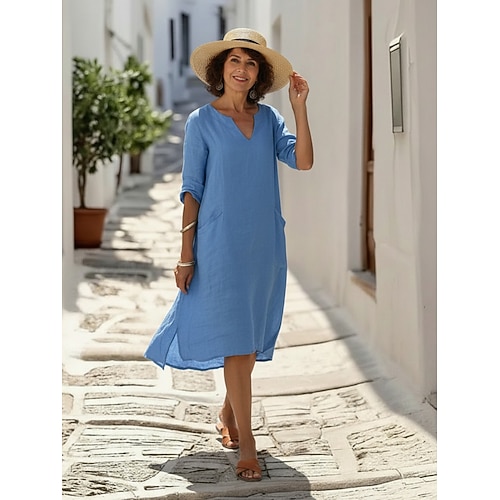 Damen Knielanges Kleid Kunstbaumwollleinen Shiftkleid Freizeitkleid Modern Outdoor Urlaub Ausgehen Normale Passform Einfach Dreiviertelarm V Ausschnitt Erröten Sie Rosa Hellgrün Orange Leicht Blau Image