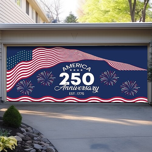 Amerika 250. Jahrestag 1775, gewellte amerikanische Flagge mit Sternen und Streifen, Feuerwerk, Garagentorbanner, patriotische Außendekoration, Unabhängigkeitstag, 4. Juli, Feierlichkeiten, Image