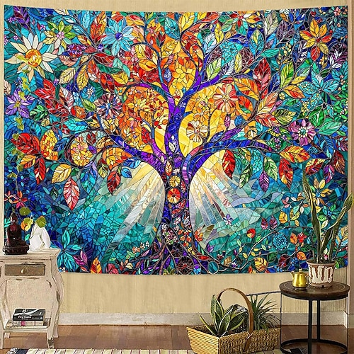 Farbenfroher Wandteppich mit Lebensbaum-Motiv aus Buntglas, leuchtendes Regenbogenmosaikmuster, strahlende Sonne, Berglandschaft, Schlafzimmer, Wohnzimmer, Homeoffice, Studentenwohnheim, Wandbehang, Image