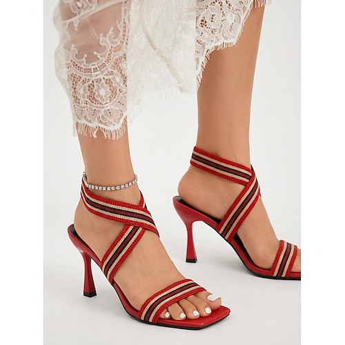 Rote Riemchensandalen mit Stilettoabsatz für Damen – elegante High Heels mit eckiger Zehenpartie und gestreiften, elastischen, gekreuzten Riemen für laue Sommerabende und formelle Dinner. Image