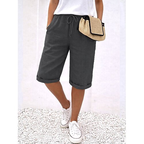 Damen Caprihose Freizeithose Sommershorts Urlaub Basic Knielang Mittlere Taille Einfach Bequem Unelastisch Dunkelgrau Schwarz Weiß Orange Sommer Frühling Image