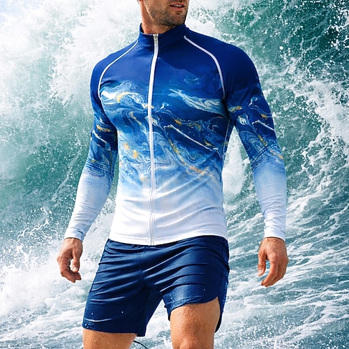 Herren Standard Regulär Anti UV Shirt Rashguard-Badeshorts T-Shirt zum Schwimmen Farbverlauf Abstrakt Marmor Reißverschluss UPF50 UV Schutz Schnelltrocknend Langarm Bademode Schutz gegen Image