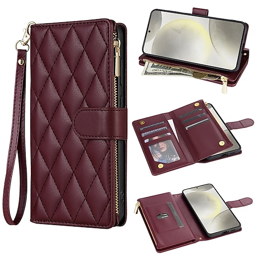 Handy Hülle Handyhüllen Für Samsung Galaxy S26 Ultra Plus S25 S24 S23 S22 S23 FE S21 Ultra Plus S20 A55 5G A35 5G Brieftaschenhülle Magnetisch Reisverschluss mit Trageriemen Retro Geometrisches Muster Image