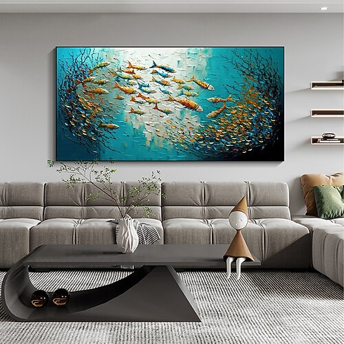 Handgefertigtes Original-Ölgemälde „Fischschwarm" auf Leinwand, Wandkunst-Dekor, abstraktes Meeresboden-Gemälde für die Inneneinrichtung, mit gespanntem Rahmen/ohne Innenrahmen-Gemälde Image