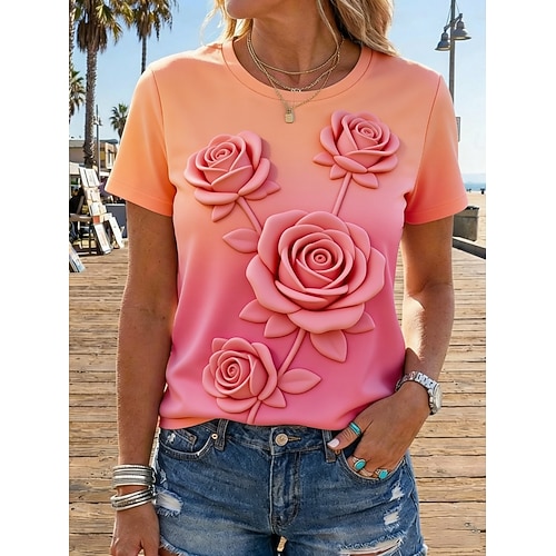 Damen T Shirt T-Shirt Druck Blumen Grafik Stilvoll Klassisch Lässig Kurzarm Rundhalsausschnitt Normale Oberteile Täglich Ausgehen Strandbekleidung Blau Rosa Sommer Frühling Image