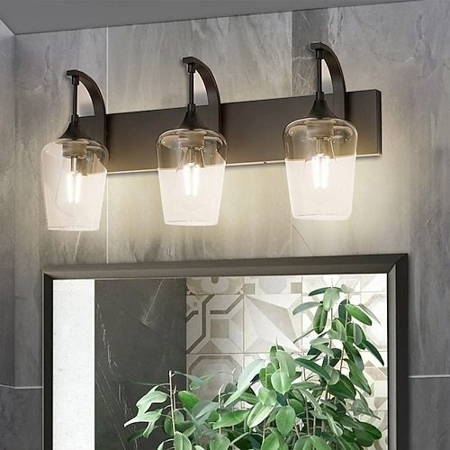 Moderne Waschtischleuchte, 2/3/4/5-Licht-Badezimmerleuchten mit hübschem Glasschirm, schwarz-goldene, industrielle, handgefertigte Wandleuchte aus Holz für Badezimmer, Flur, Schlafzimmer, 110–240 V Image