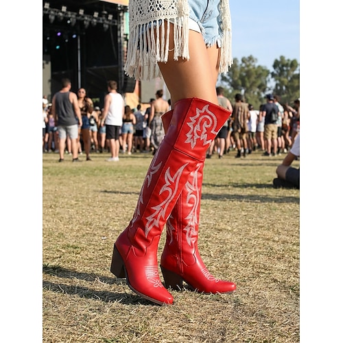 Damen-Overknee-Cowgirlstiefel, Westernstiefel mit Blockabsatz für Musikfestivals und Country-Konzerte Image