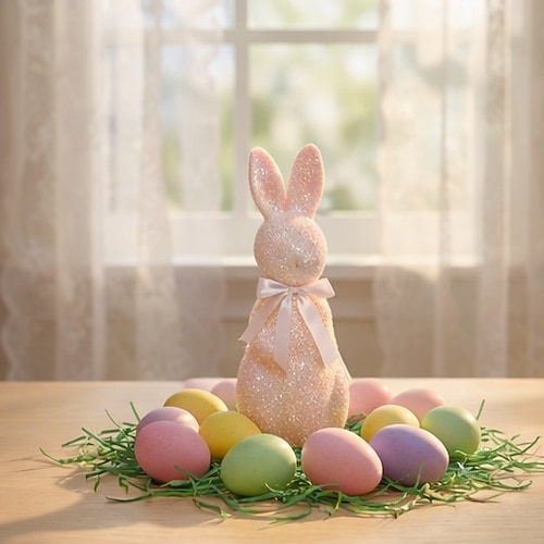 Osterkorb-Füllung: Stehender Osterhase, hochwertige Nachbildung mit glitzernder rosa Schleife, Dekoration für Haus, Garten oder Hof Image