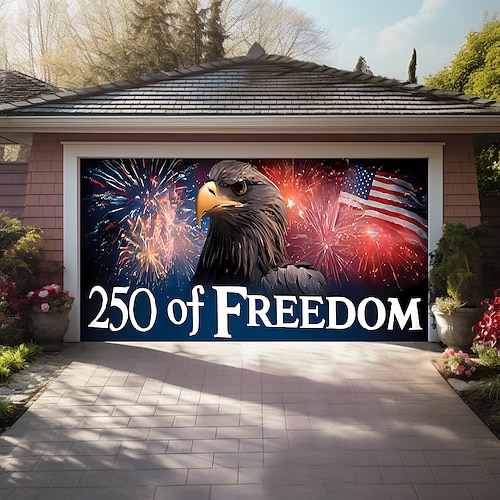 250. Jahrestag der USA, 250 Freiheit, Weißkopfseeadler, amerikanische Flagge, Feuerwerk, Garagentorbanner, patriotische Außendekoration, Unabhängigkeitstag, 4. Juli, Kulisse für die Feierlichkeiten Image
