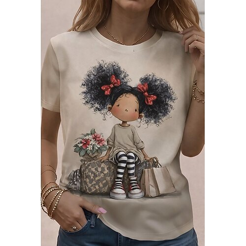 Damen T Shirt Druck Grafik Tiermotiv Vintage Stilvoll Klassisch Kurzarm Rundhalsausschnitt Rundhals Lange Oberteile Täglich Wochenende Hell Beige Weiß Khaki Sommer Frühling