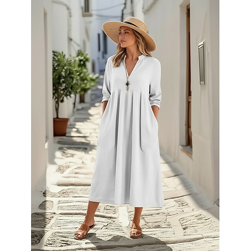 Damen Midikleid Baumwoll-Leinen-Kleider Baumwoll-Leinenkleid Vintage Mode Modern Täglich Outdoor Urlaub Lässiger Schnitt Einfach Langarm V Ausschnitt Blau Weiß Rosa Grün Sommer Frühling Herbst Image