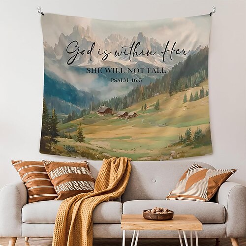 Seht das Lamm Gottes, das die Sünde der Welt hinwegnimmt (Johannes 1,29). (Christliche Bibelstelle, Bibelvers, Schaf, weißer Baum, ländliche Landschaft, Wandteppich, Schlafzimmer, Wohnzimmer, Image