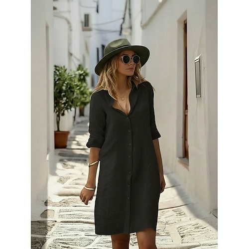 Damen Knielanges Kleid Baumwoll Mischung Hemdblusenkleid Baumwoll-Leinenkleid Mode Modern Täglich Outdoor Urlaub Lässiger Schnitt Einfach Ärmellos Hemdkragen Schwarz Weiß Grau Leicht Blau Sommer Image