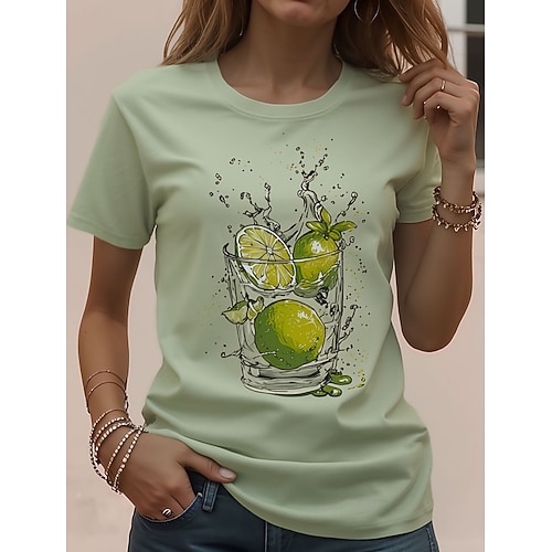 Damen T Shirt Druck Blumen Stilvoll Klassisch Lässig Kurzarm Rundhalsausschnitt Rundhals Normale Oberteile Täglich Weiß Hellgrün Grün Sommer Frühling Image