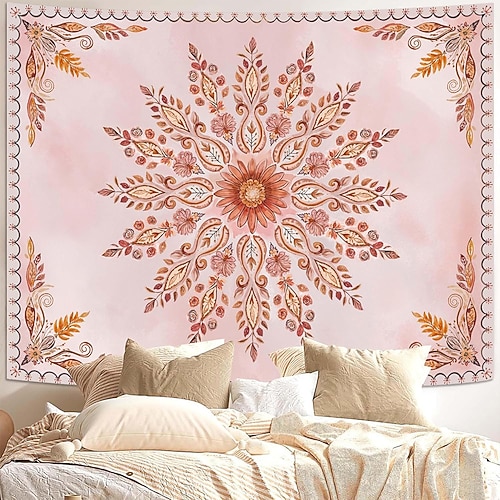 Rosa florales Mandala, zartorangefarbener Wandteppich mit filigranem Kreismuster aus Blättern und Ranken, Aquarellkunst, Wandbehang für Schlafzimmer, Wohnzimmer, Studentenwohnheim, Yoga- und Image