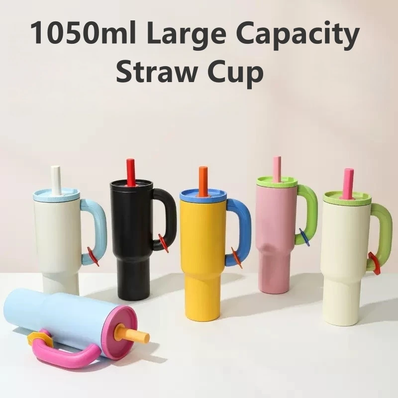 1050 ml isolierter Becher mit Griff und Strohhalm, Eisbecher, großes Fassungsvermögen, Trinkbecher, Edelstahl-Wasserflasche, Büro, Zuhause, Thermobecher Image