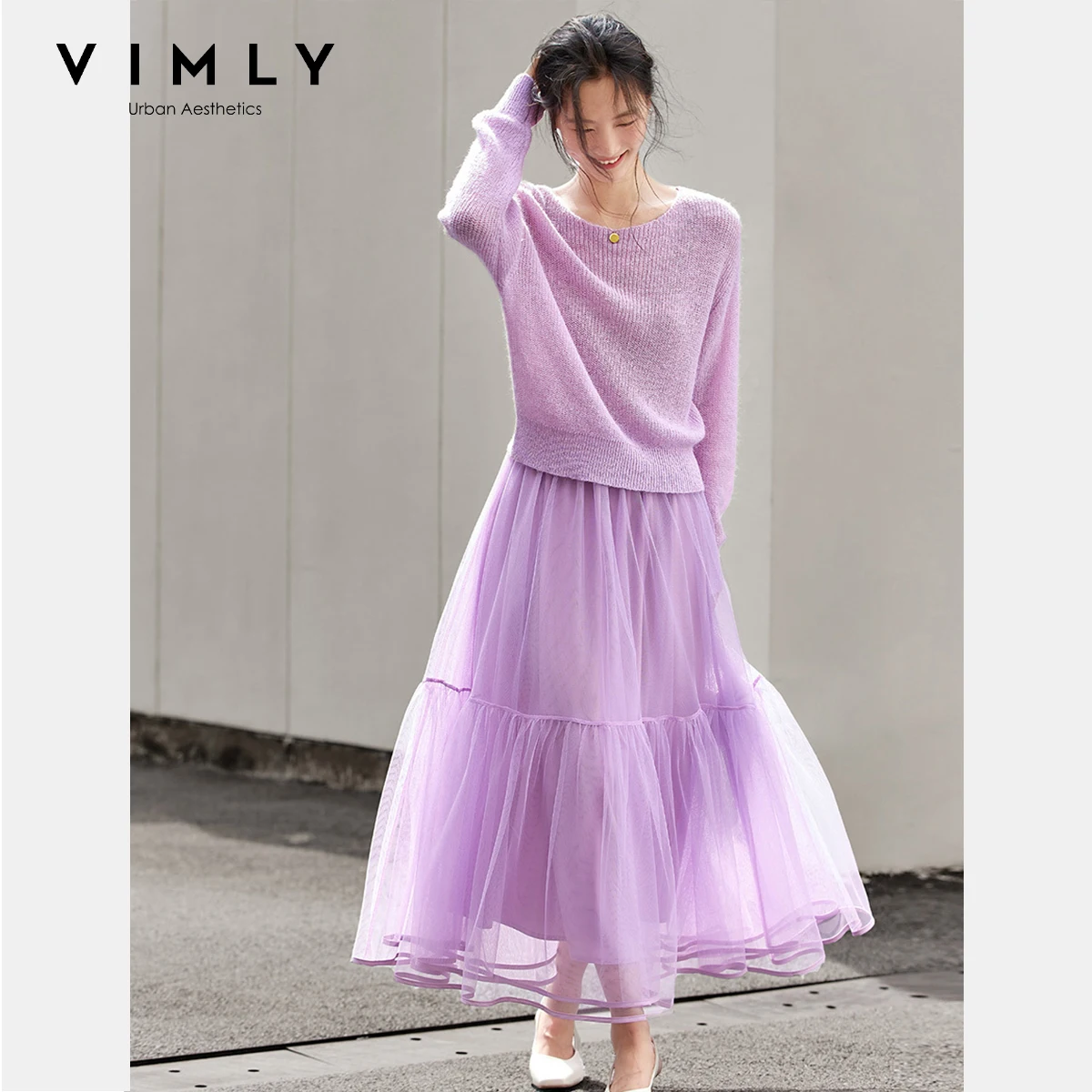 VIMLY Elegante Weibliche Lila Röcke Sets Gestrickte Slash Neck Tops Mesh Midi Röcke Herbst 2025, Casual Damen Zwei Stück Sets A2397