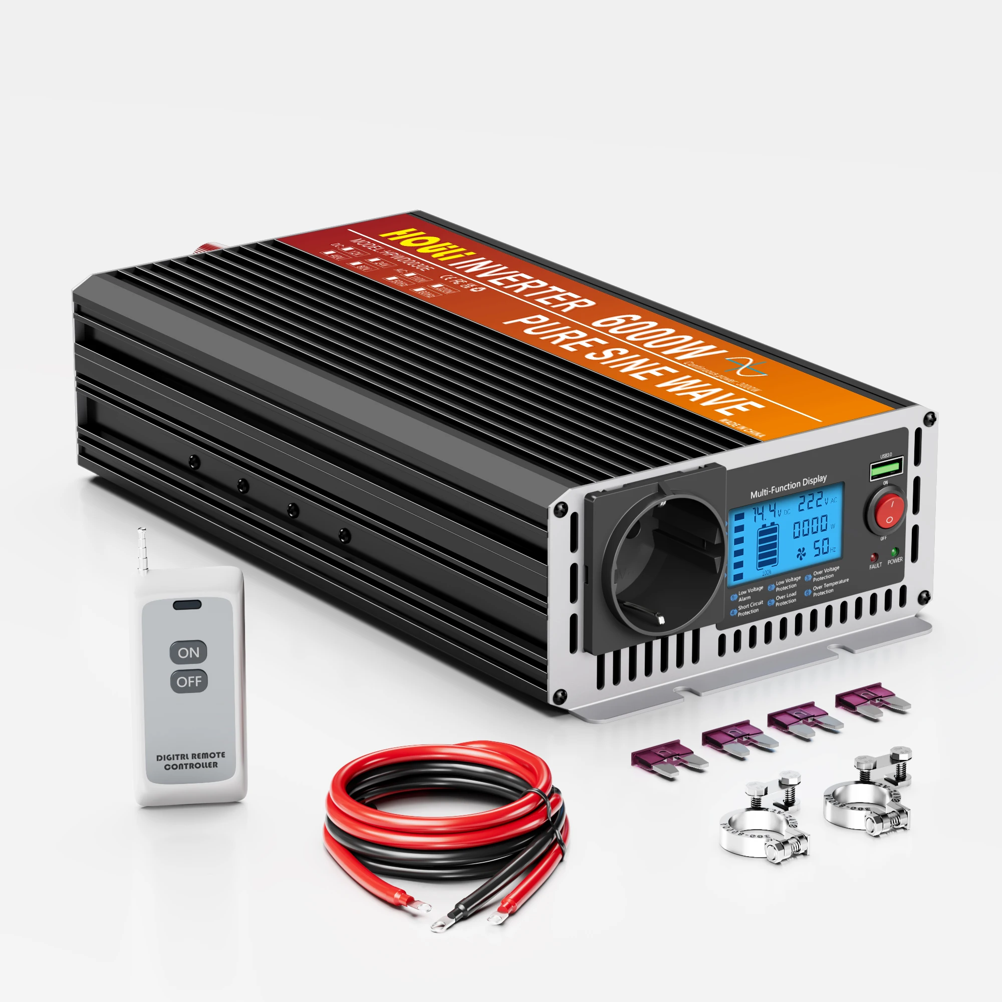 HOULI 3000 W ~ 6000 W reiner Sinus-Wechselrichter, 12 V/24 V, Auto-Stromrichter mit LCD-Display, USB, Fernbedienung, EU-Stecker Image