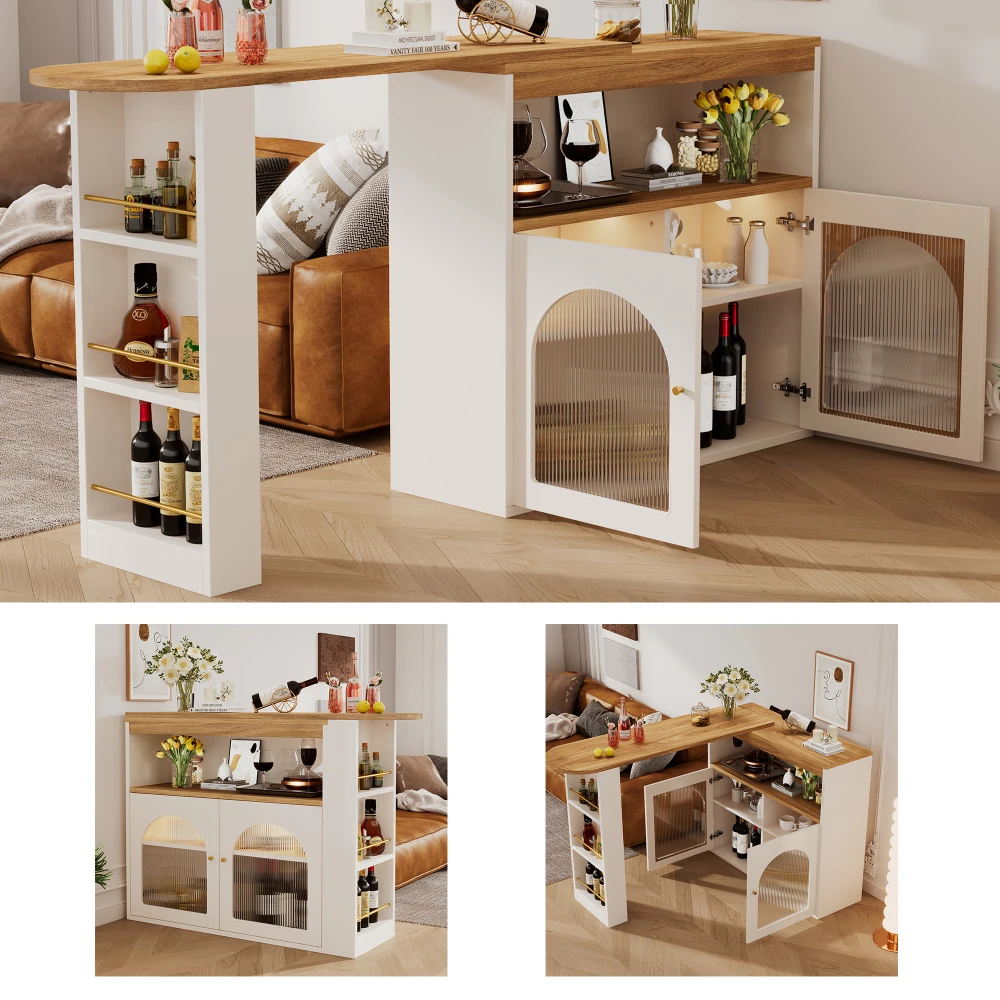 Ausziehbarer Stehtisch, Ausziehbarer Esstisch mit Stauraum, Drehbar, geeignet für Esszimmer, mit LED-Licht, Weiß