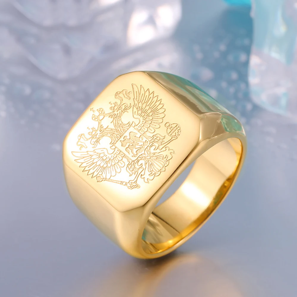 Hochwertige Doppeladlerringe aus 316L-Edelstahl, ein Wappen des russischen Siegelrings für Männer, cooles Band, Schmuck, Geschenke Image
