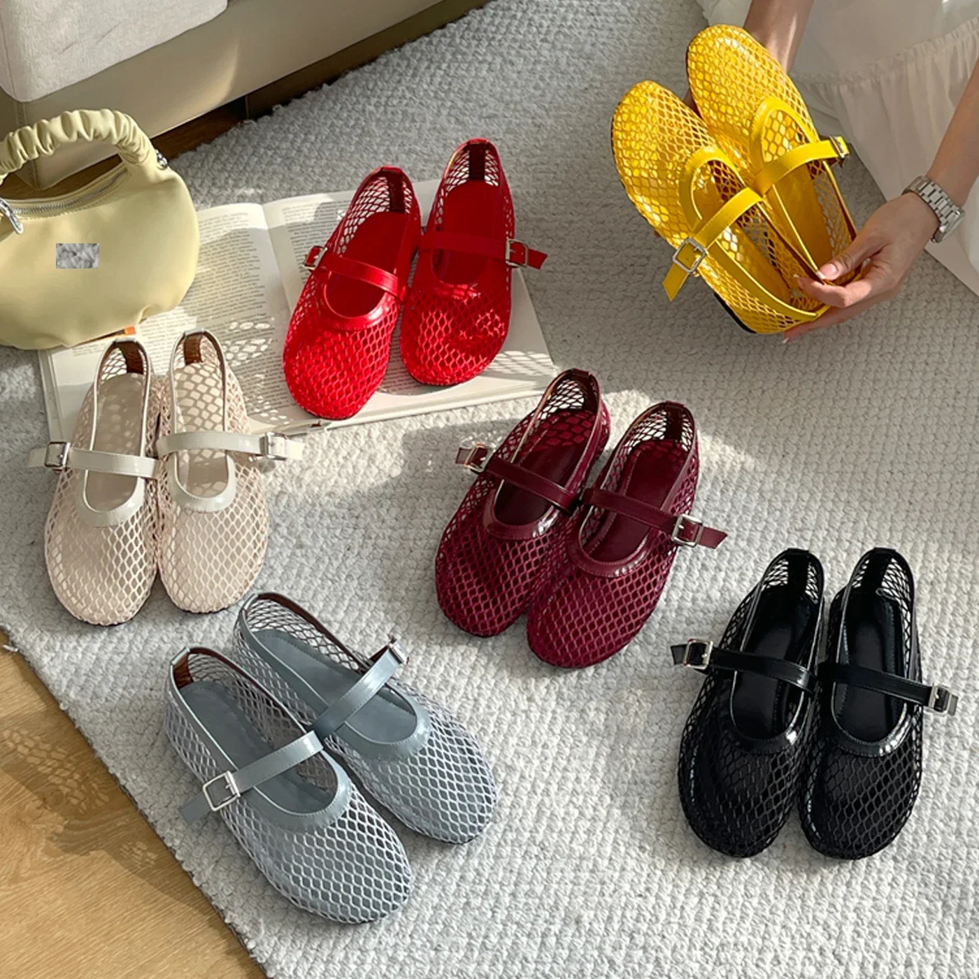 Aneikeh GROSSE Größe 35-43 Gelee Farbe Angeln Ballett Tanz frauen Mesh Schnalle Flache Aushöhlen Retro Mary Jane schuhe