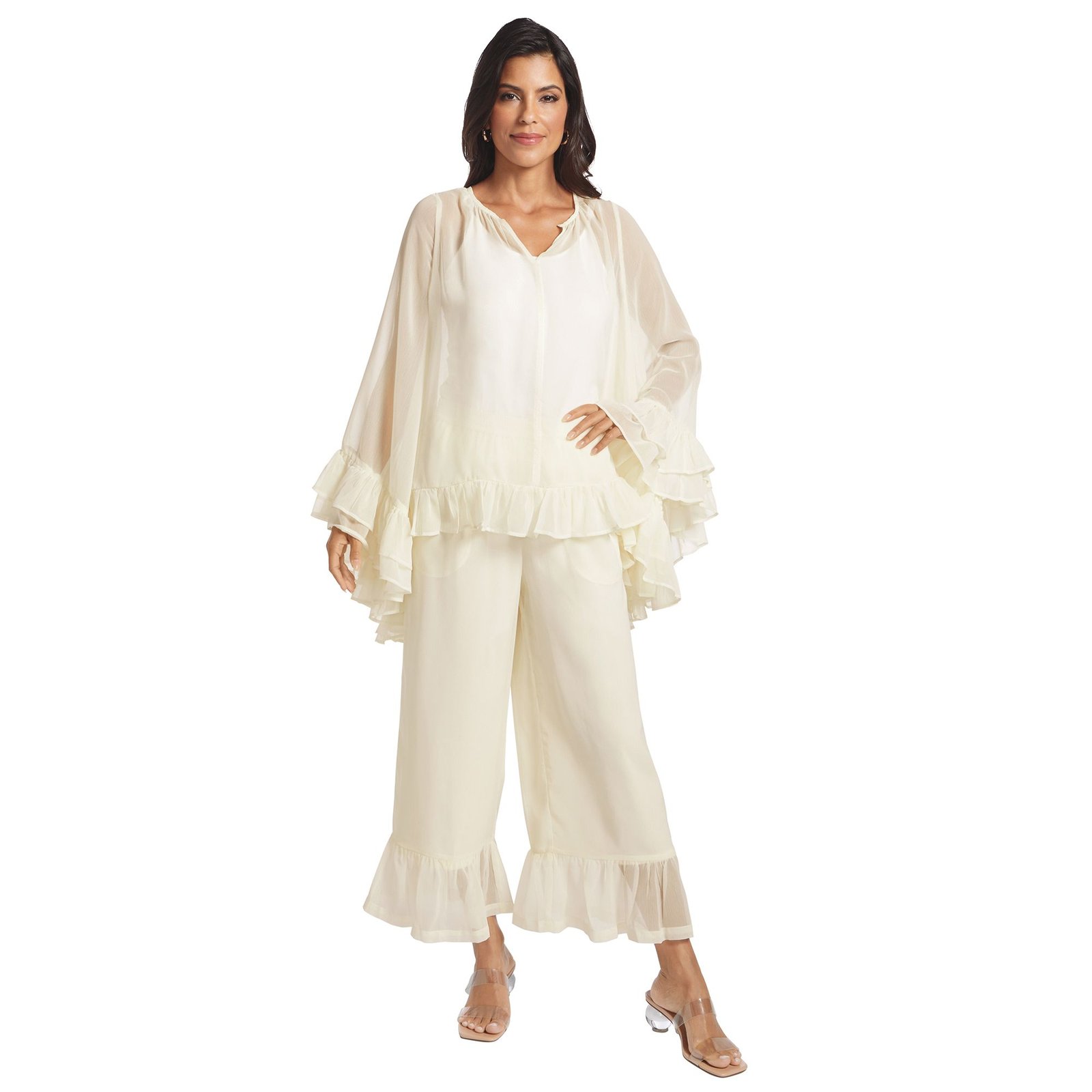 Masseys Ruffle Pant Set (Size M) Cream, Elastine,Polyester,Viscose