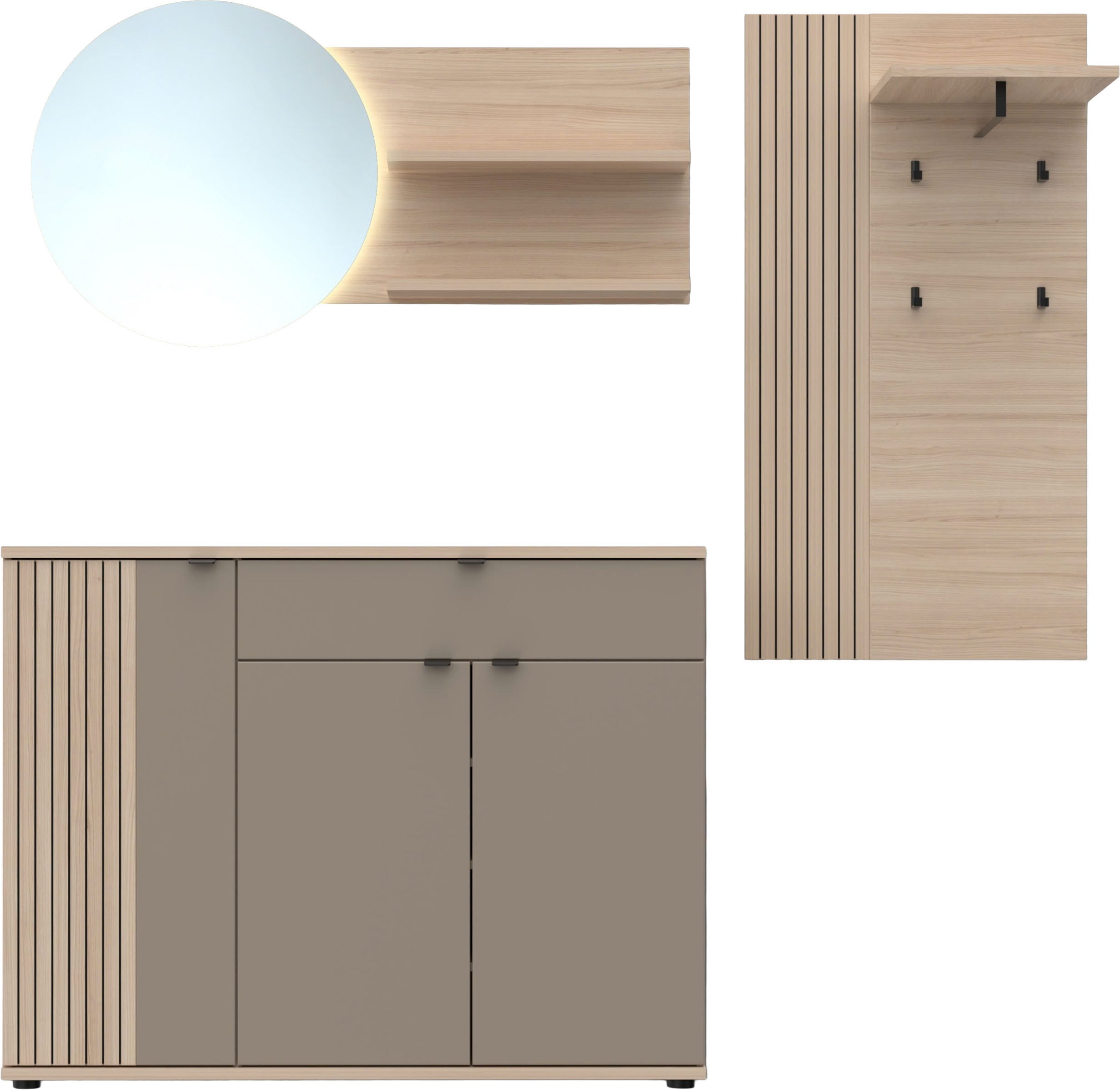 Garderoben-Set INNOSTYLE "Pisa Garderoben-Set", riva eiche, basalt, ABS-Kunststoff, Holzwerkstoff, MDF, Metall, Spiegelglas, Kastenmöbel-Sets, 3-teilig, LED-Beleuchtung, ABS-Kante, Soft Close Image