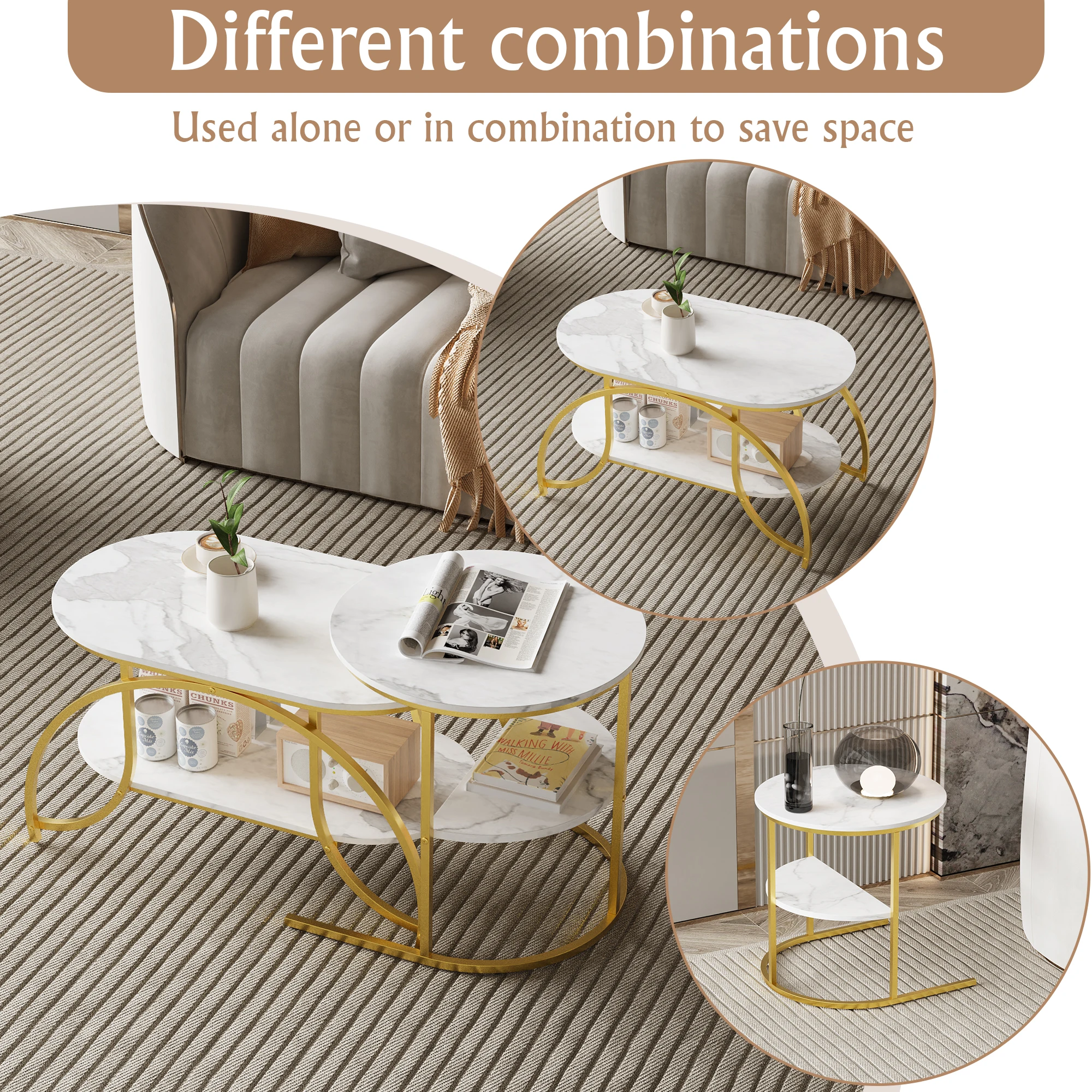 Table Basse Gigogne Metal, Ensemble de 2 Tables Basses Gigognes Ronde Table Basse Effet Marbré Tables Gigognes Table D