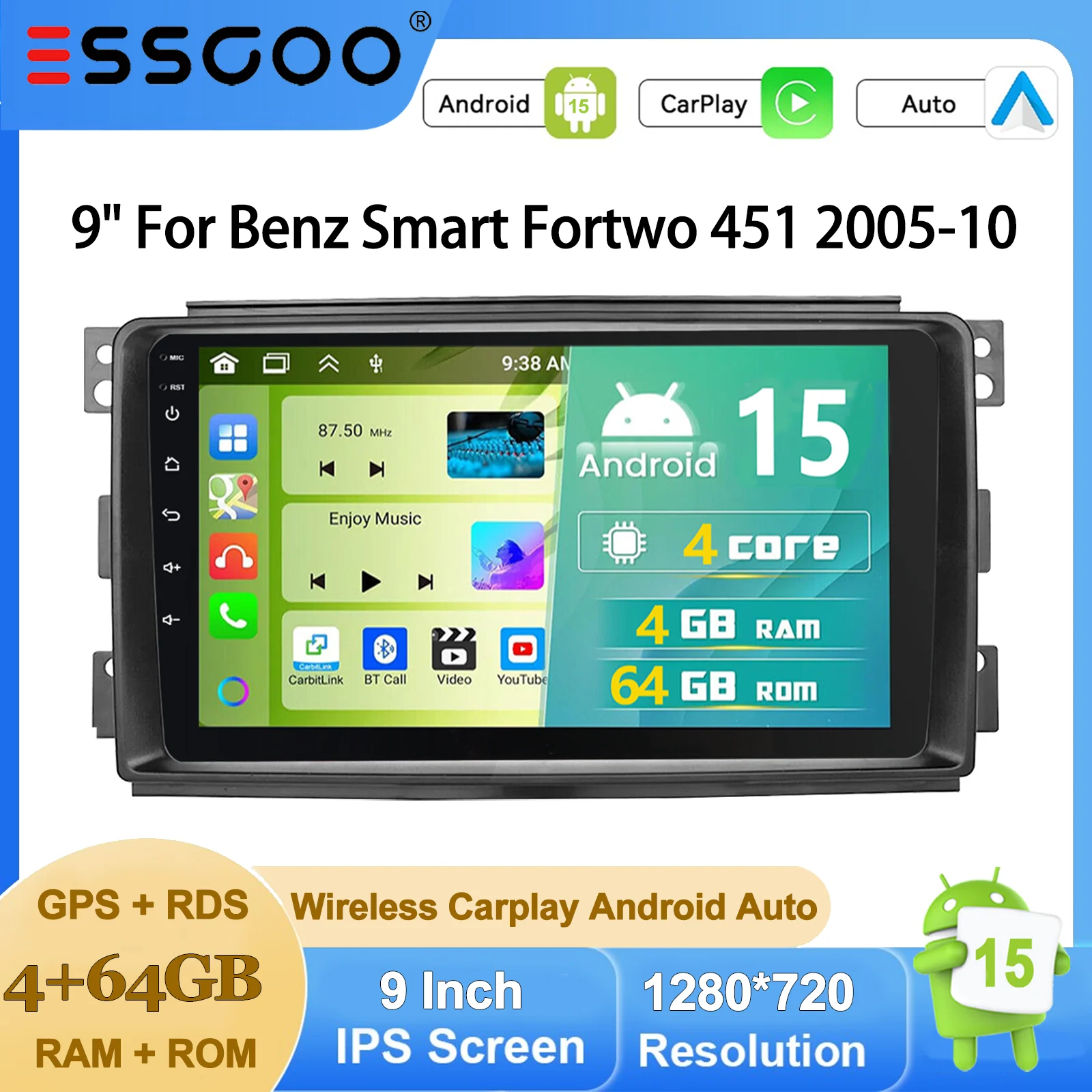 Autoradio ESSGOO Android 15 9 Zoll 32G/64G für Smart Fortwo 451 2005-2010 Drahtloses CarPlay Android Auto GPS Navigation WiFi Lenkradsteuerung RDS Mirror Link Bluetooth FM Multimedia Video Player Image