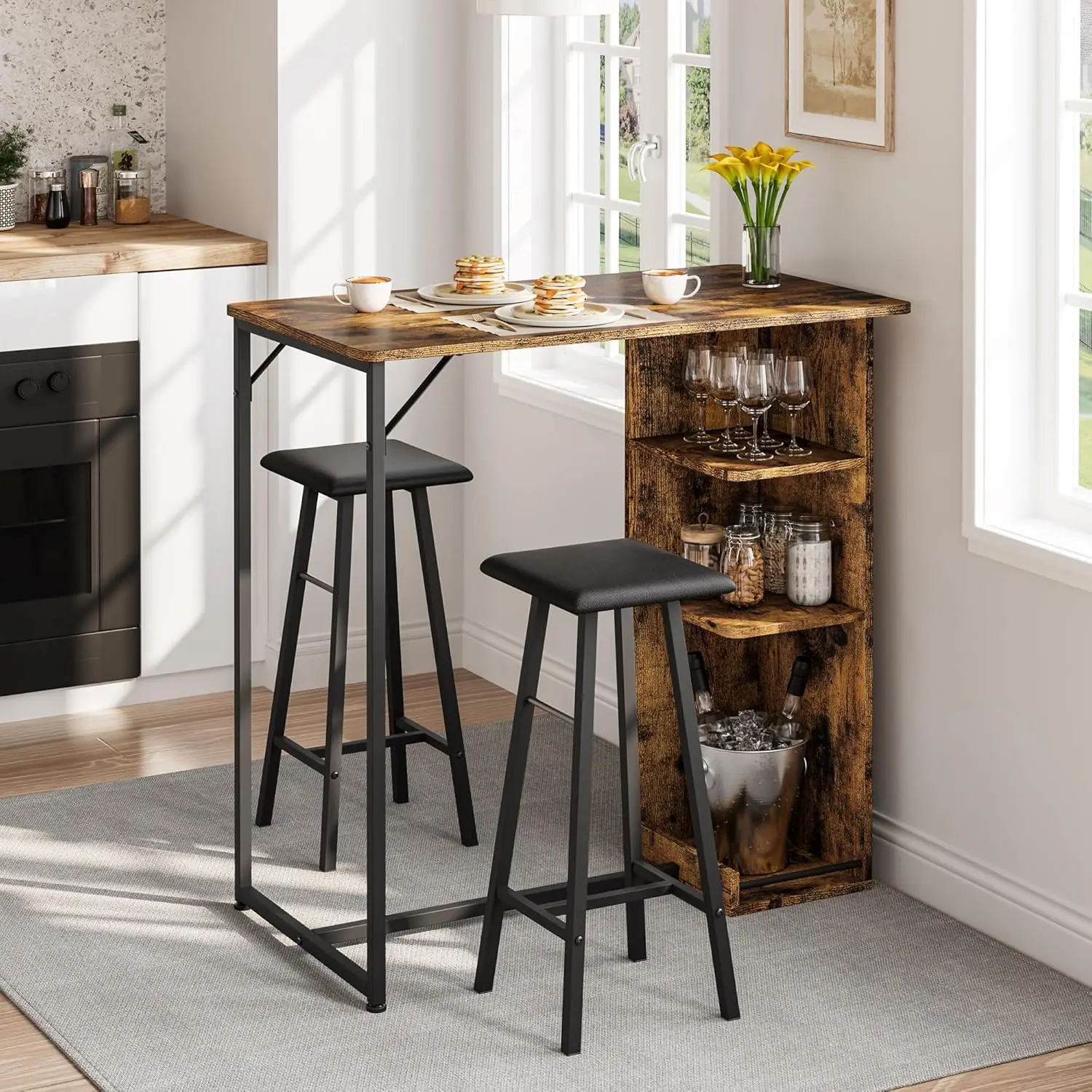 3-teiliges Bartisch-Set mit 3-stufigen Ablagefächern, platzsparender Tisch & PU-Polsterhocker für Apartment, Esszimmer, Küche Image