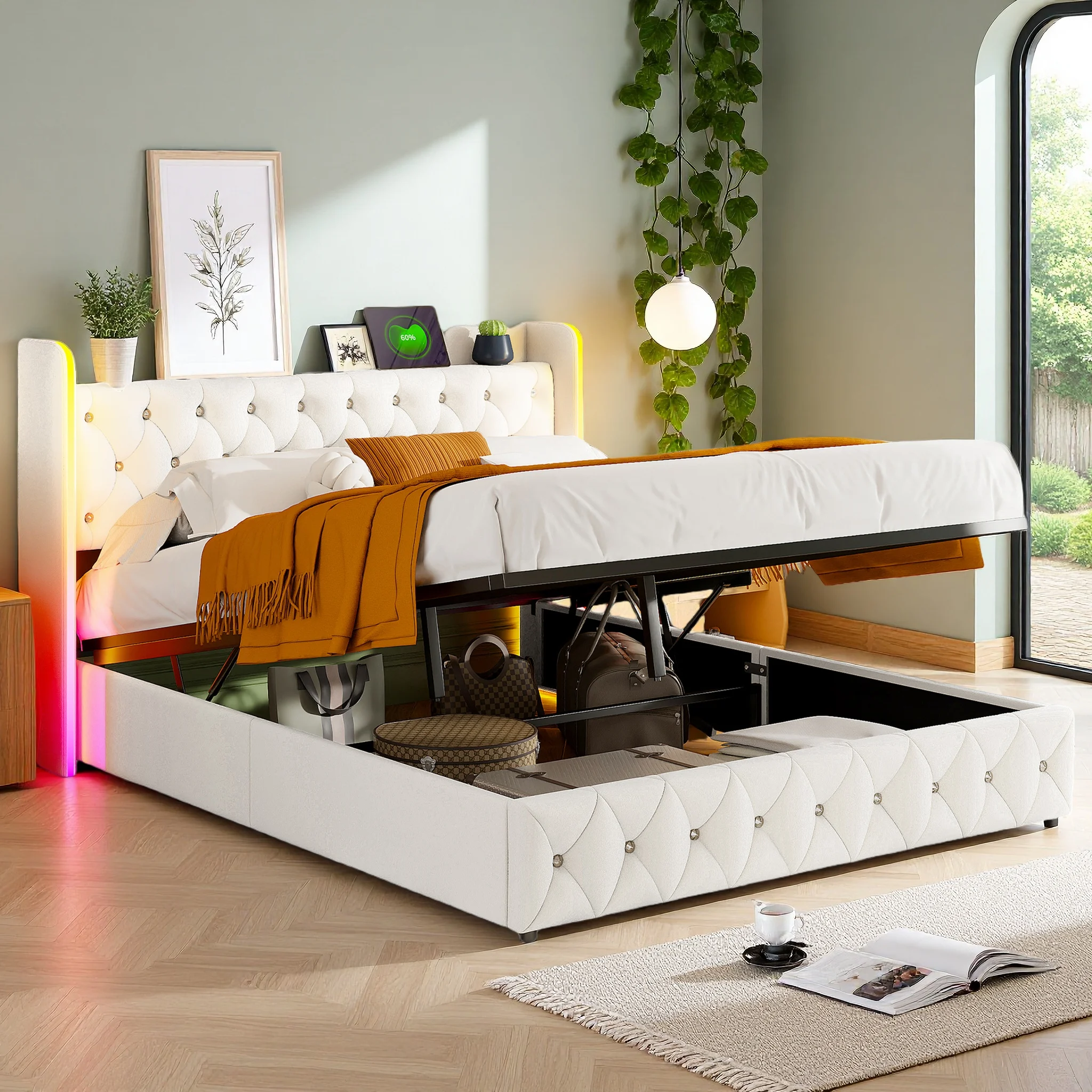 Superaly 140x200cm Bett mit Lauflichtern, Gepolstertes Hydraulik-Stauraumbett mit USB-Ladefunktion und LED-Beleuchtung, Samt, Beige Image