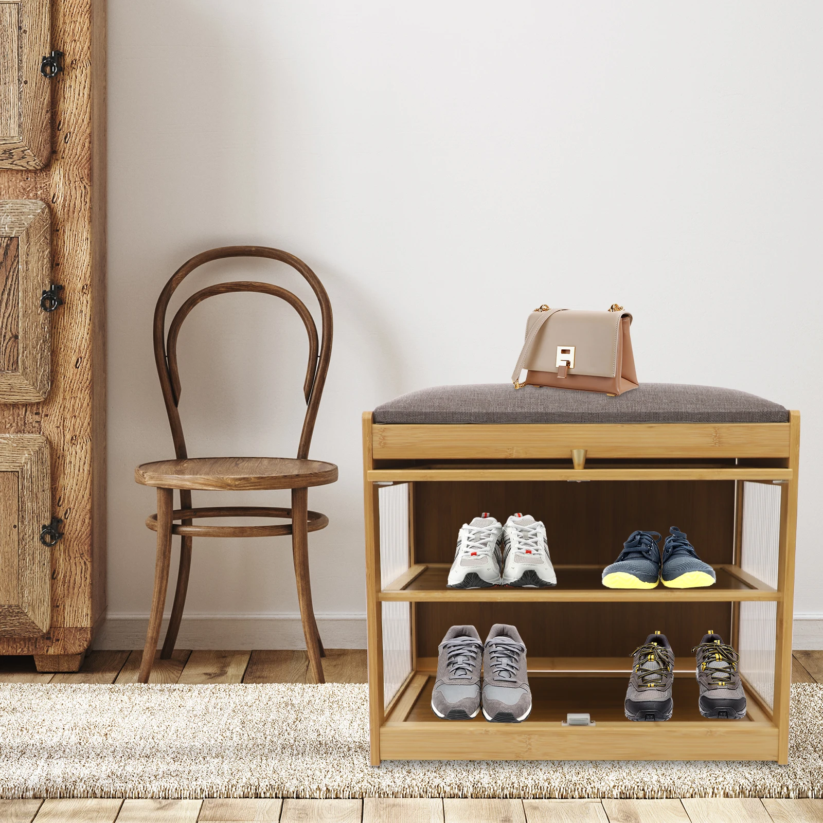 2-stufiges Schuhregal, Schuhwechselbank, Schuhaufbewahrungshocker mit Kissen, Bettbank, für Wohnzimmer, Flur, 50 x 32 x 44 cm Image